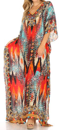 Sakkas Anahi Flowy Design V Neck Long Caftan Dress / Cover Up With Rhinestone#color_17178-Turquoise/Red