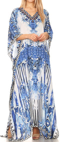 Sakkas Anahi Flowy Design V Neck Long Caftan Dress / Cover Up With Rhinestone#color_17186-Blue/White