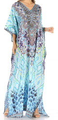 Sakkas Anahi Flowy Design V Neck Long Caftan Dress / Cover Up With Rhinestone#color_TRG225-Green