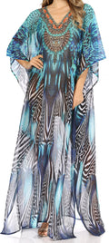Sakkas Wilder  Printed Design Long Sheer Rhinestone Caftan Dress / Cover Up#color_17142-BlackBlue