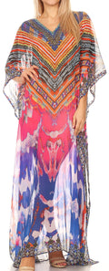 Sakkas Wilder  Printed Design Long Sheer Rhinestone Caftan Dress / Cover Up#color_17147-PinkOrange