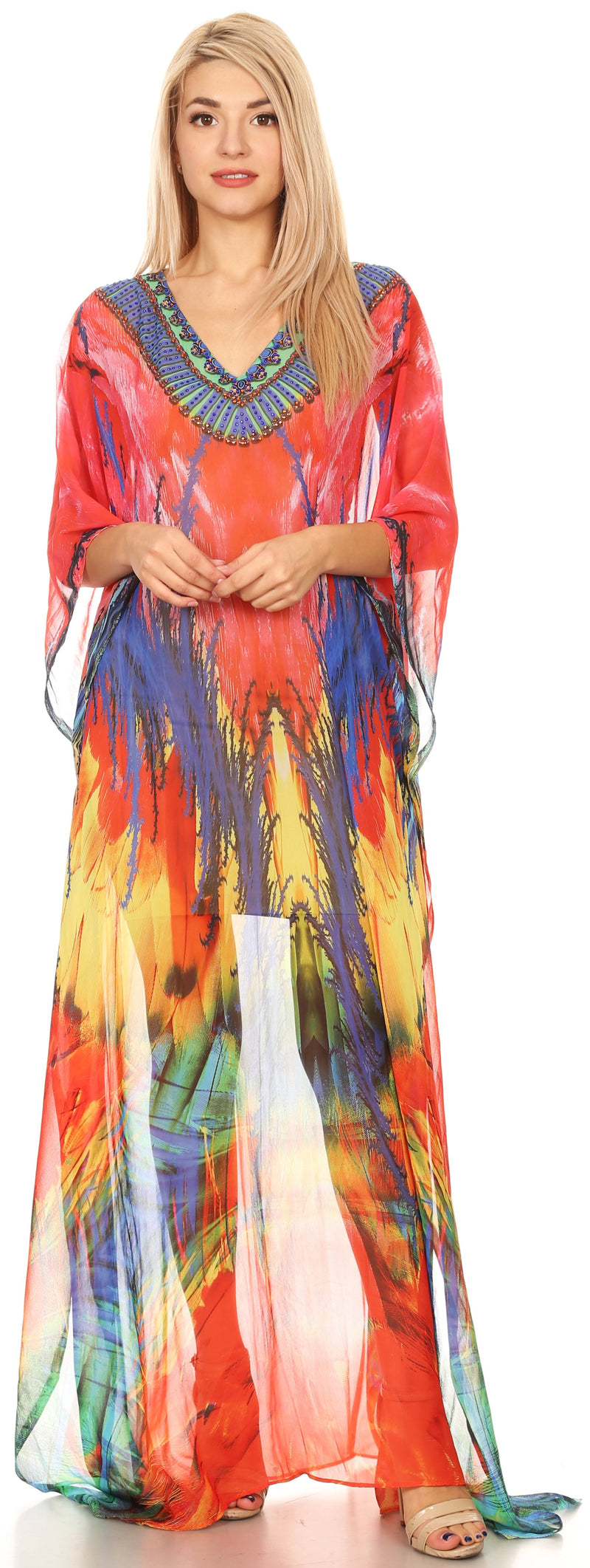 Sakkas Wilder  Printed Design Long Sheer Rhinestone Caftan Dress / Cover Up