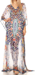 Sakkas Wilder  Printed Design Long Sheer Rhinestone Caftan Dress / Cover Up#color_17161-BlueOrgNavy