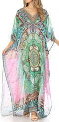Sakkas Wilder  Printed Design Long Sheer Rhinestone Caftan Dress / Cover Up#color_WM202-Multi