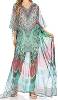 Sakkas Wilder  Printed Design Long Sheer Rhinestone Caftan Dress / Cover Up#color_fom223-Multi