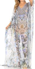 Sakkas Wilder  Printed Design Long Sheer Rhinestone Caftan Dress / Cover Up#color_orw234-White