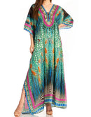 Sakkas  Georgettina Flowy  Rhinestone V Neck Long Caftan Dress / Cover Up
