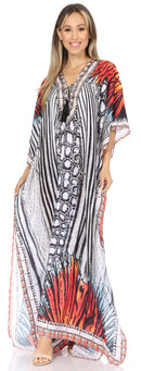 Sakkas  Georgettina Flowy  Rhinestone V Neck Long Caftan Dress / Cover Up