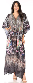 Sakkas  Georgettina Flowy  Rhinestone V Neck Long Caftan Dress / Cover Up