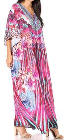 Sakkas  Georgettina Flowy  Rhinestone V Neck Long Caftan Dress / Cover Up