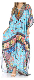 Sakkas  Georgettina Flowy  Rhinestone V Neck Long Caftan Dress / Cover Up#color_TurquoiseGreen/Multi