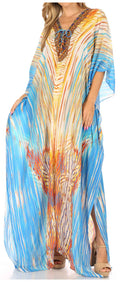 Sakkas  Georgettina Flowy  Rhinestone V Neck Long Caftan Dress / Cover Up#color_White/Turquoise