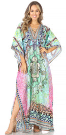 Sakkas  Georgettina Flowy  Rhinestone V Neck Long Caftan Dress / Cover Up