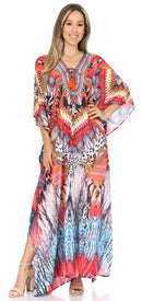 Sakkas  Georgettina Flowy  Rhinestone V Neck Long Caftan Dress / Cover Up