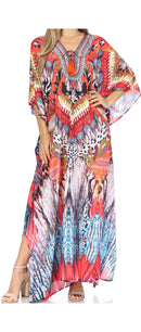 Sakkas  Georgettina Flowy  Rhinestone V Neck Long Caftan Dress / Cover Up