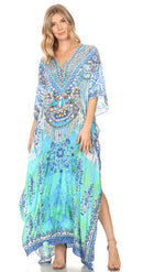 Sakkas  Georgettina Flowy  Rhinestone V Neck Long Caftan Dress / Cover Up