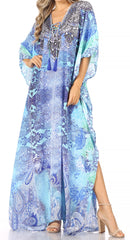 Sakkas  Georgettina Flowy  Rhinestone V Neck Long Caftan Dress / Cover Up