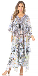 Sakkas  Georgettina Flowy  Rhinestone V Neck Long Caftan Dress / Cover Up