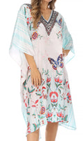 Sakkas Miui Ligthweight Rhinestone V Neck Printed Short Caftan Dress / Cover Up#color_FLW244-White