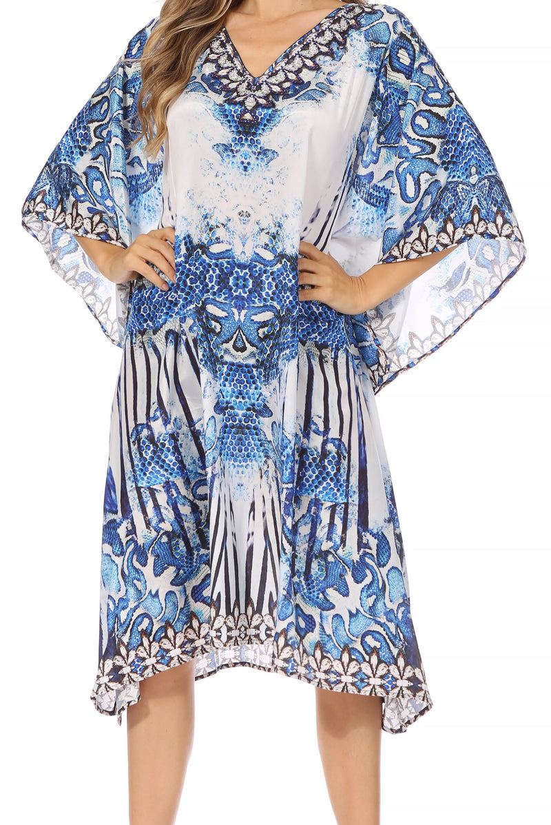 Sakkas Miui Ligthweight Rhinestone V Neck Printed Short Caftan Dress / Cover Up