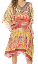 Sakkas Miui Ligthweight Rhinestone V Neck Printed Short Caftan Dress / Cover Up