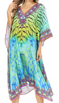Sakkas Miui Ligthweight Rhinestone V Neck Printed Short Caftan Dress / Cover Up#color_WT53-Turquoise