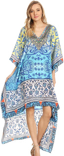 Sakkas Laisson Flowy Hi Low Caftan Rhinestone Boxy V Neck Dress Top Cover / Up