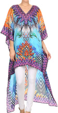 Sakkas Laisson Flowy Hi Low Caftan Rhinestone Boxy V Neck Dress Top Cover / Up#color_TurquoisePurple