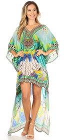 Sakkas Laisson Flowy Hi Low Caftan Rhinestone Boxy V Neck Dress Top Cover / Up