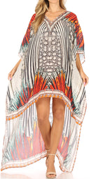 Sakkas Laisson Flowy Hi Low Caftan Rhinestone Boxy V Neck Dress Top Cover / Up