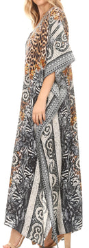 Sakkas Milanna Women's V neck Short Sleeve Vibrant Print Caftan Dress Cover-up