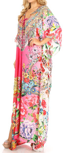 Sakkas Milanna Women's V neck Short Sleeve Vibrant Print Caftan Dress Cover-up