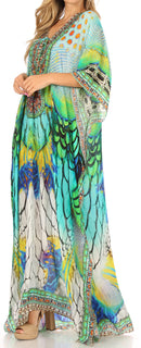 Sakkas Milanna Women's V neck Short Sleeve Vibrant Print Caftan Dress Cover-up