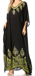 Sakkas Leonor Women's Boho Casual Long Maxi Caftan Dress Kaftan Cover-up LougeWear#color_8-BlackGreen