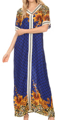 Sakkas Sabra Womens Long Casual Cover-up Tunic Kaftan V neck Dress#color_1917-Blue