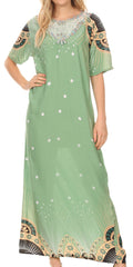 Sakkas Sabra Womens Long Casual Cover-up Tunic Kaftan V neck Dress#color_1918-Green