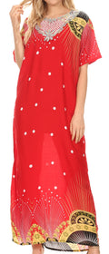 Sakkas Sabra Womens Long Casual Cover-up Tunic Kaftan V neck Dress#color_1918-Red