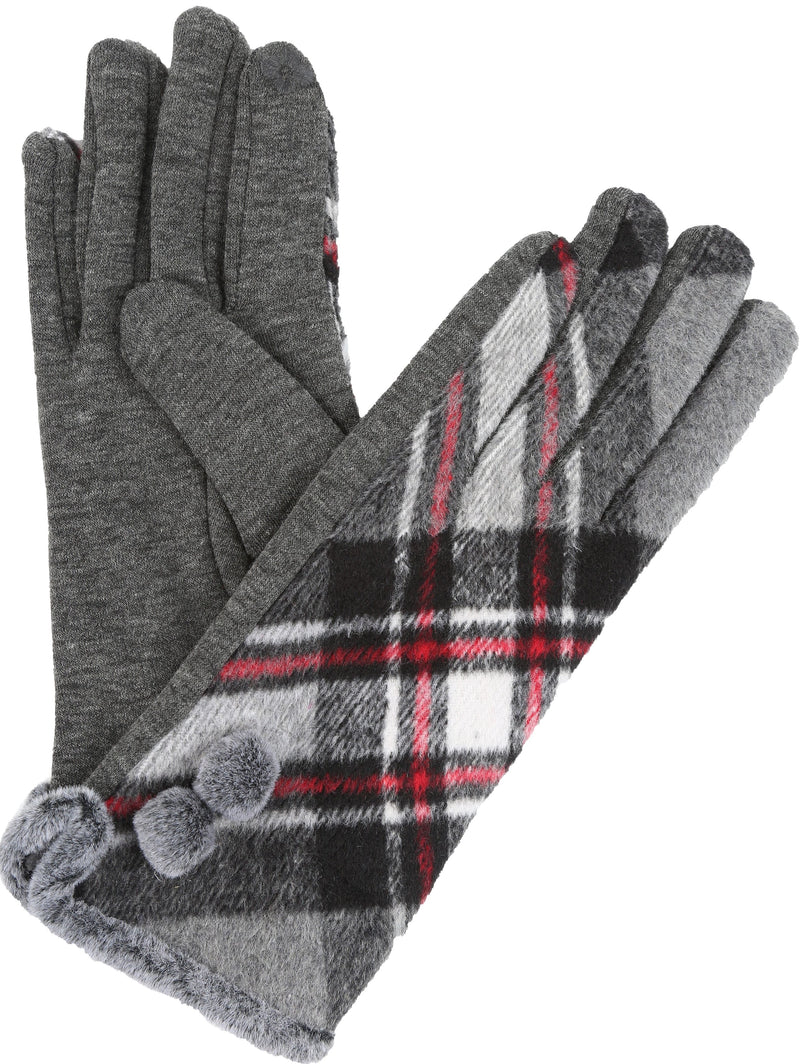 Sakkas Valy Classic Winter Checker Patterned Faux Fur Pom Pom Touch Screen Gloves