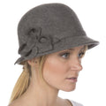 Womens Bernadette Vintage Style 100% Wool Cloche Bucket Winter Hat with Flower Accent#color_charcoal