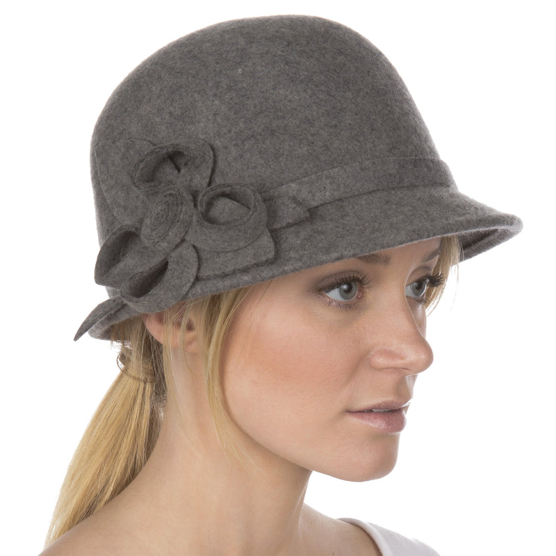 Womens Bernadette Vintage Style 100% Wool Cloche Bucket Winter Hat with Flower Accent