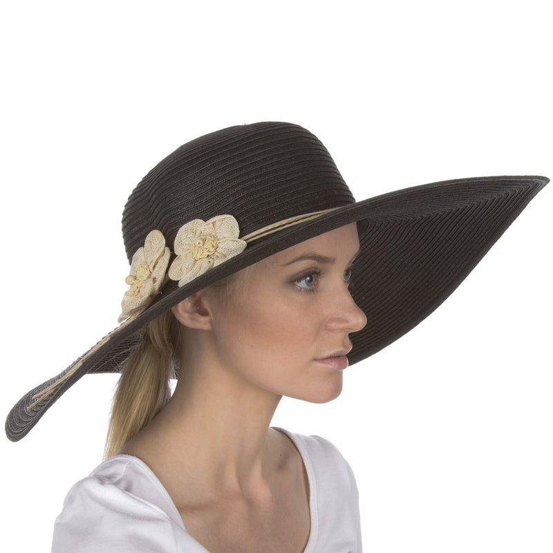 Sakkas Bella UPF 50+ 100% Paper Straw Flower Accent Wide Brim Floppy Hat