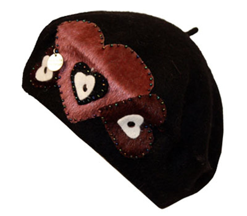 Sakkas Classic Wool Warm Thick French Beret / Winter Hat - Patchwork Hearts