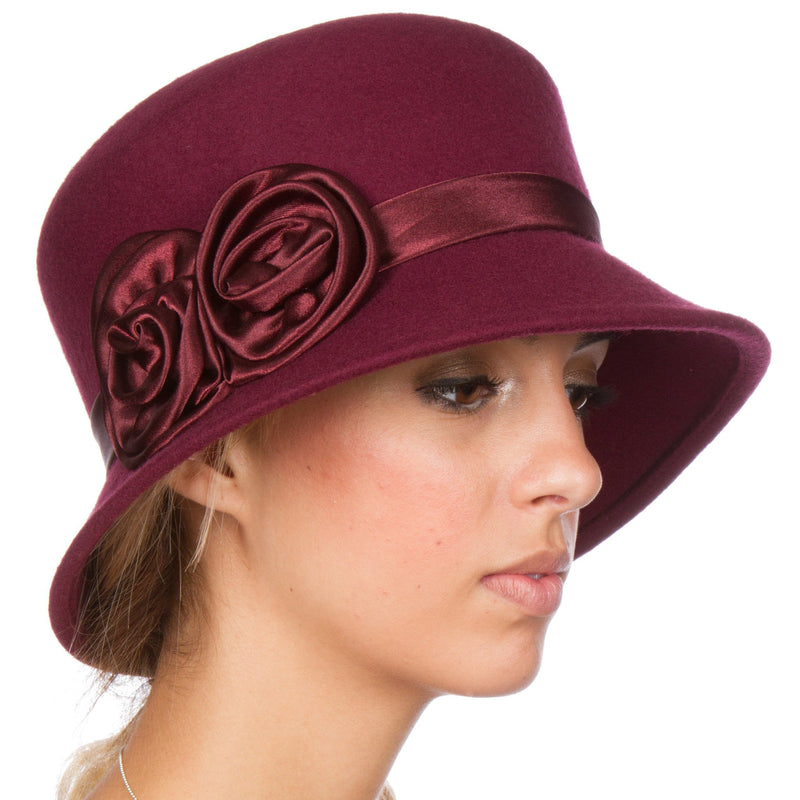 Sakkas Alice Satin Rose Vintage Style Wool Cloche Hat