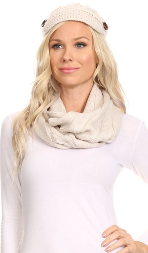 Sakkas Bri Cable Knit Button Beanie Hat & Infinity Scarf Set