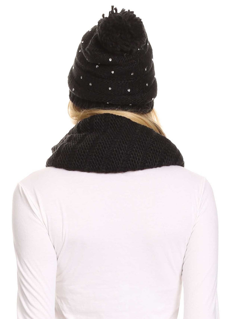 Sakkas Sayla Rhinestone Jewel Soft Warm Woven Cable Knit Beanie Hat And Scarf Set