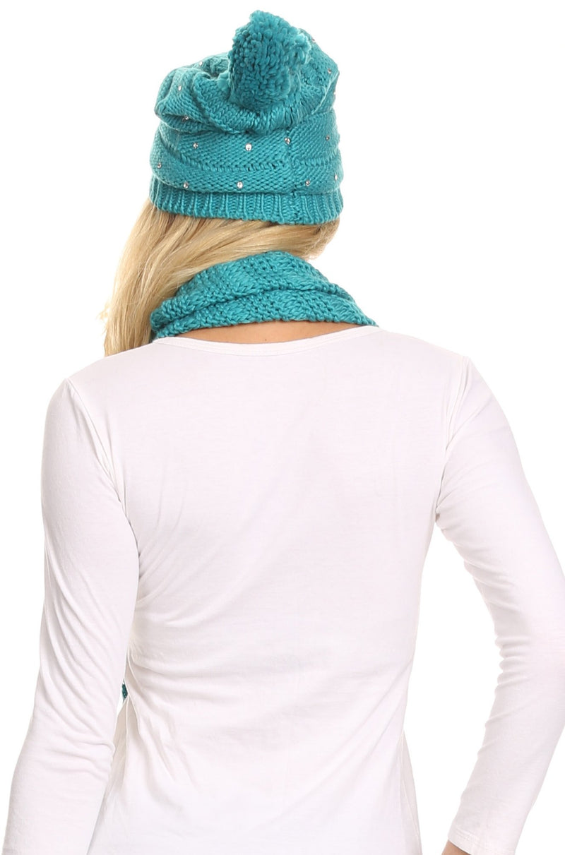 Sakkas Sayla Rhinestone Jewel Soft Warm Woven Cable Knit Beanie Hat And Scarf Set