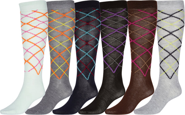 Sakkas Ladies Cute Colorful Design or Solid Knee High Socks Assorted 6-Pack#color_ThinArgyle
