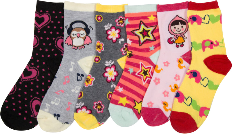 Sakkas Girl's Creative Fun Cotton Blend Crew Socks Assorted Color 6-Pack