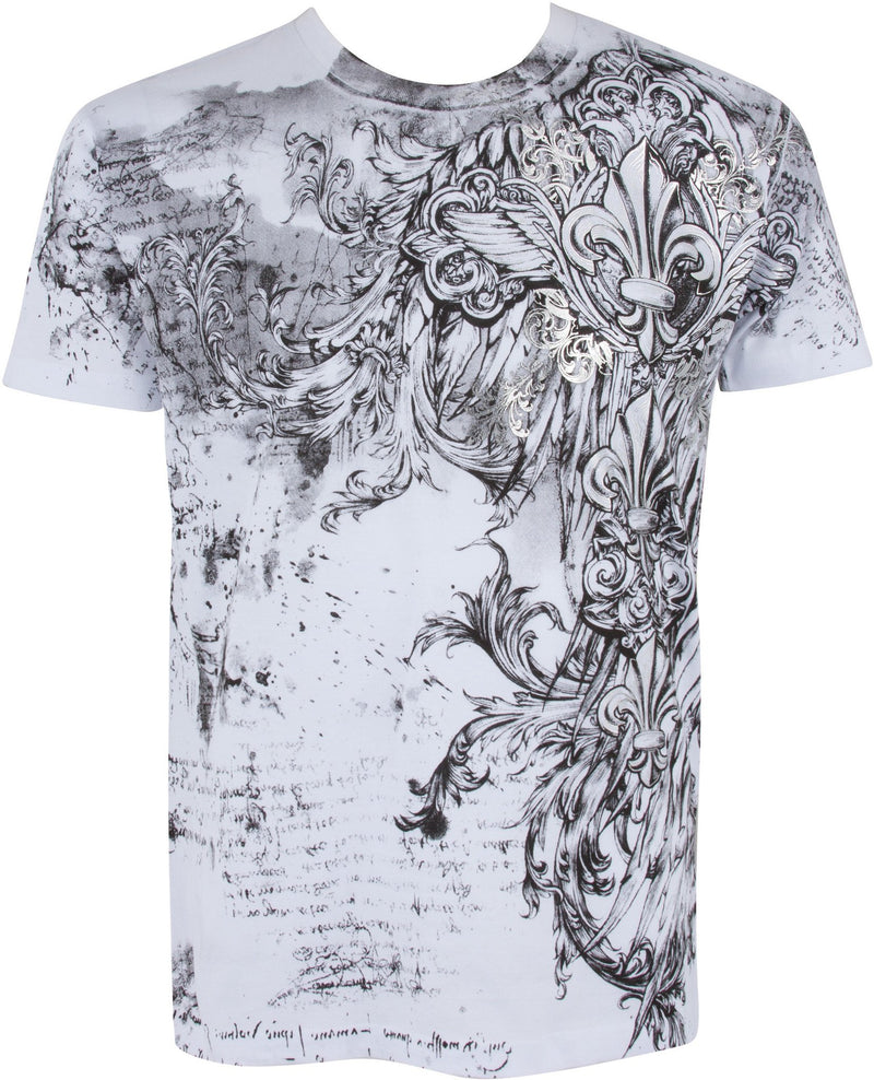 Sakkas Vines and Fleur De Lis Metallic Silver Embossed Cotton Mens T-Shirt