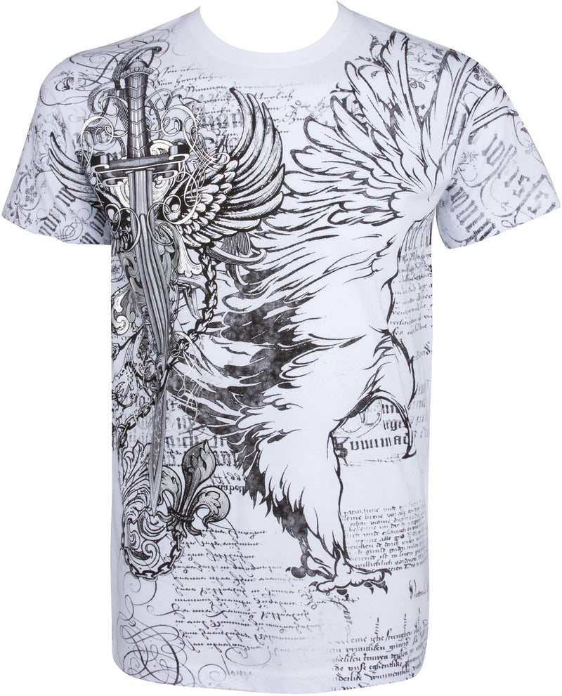 Sakkas Eagle,Sword and Chains Metallic Silver Embossed Cotton Mens T-Shirt